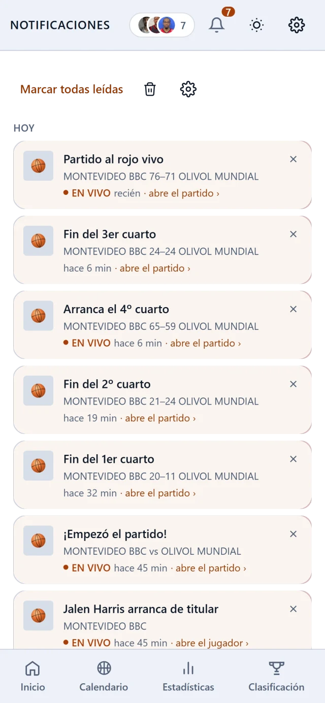 La bandeja de avisos con lo que pasó hoy: el partido al rojo vivo, cada cuarto que arranca y termina, y un jugador que sale de titular