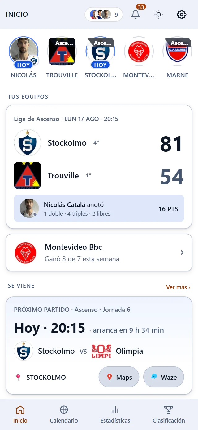 Inicio de Mi Basket: arriba los seguidos, después el resultado de uno de ellos con los tantos de su jugador, cómo le fue al club en la semana y el próximo partido con hora y cancha