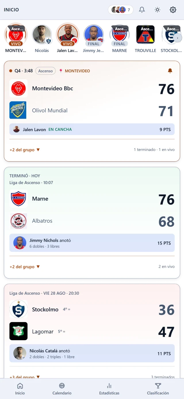 Inicio de Mi Basket: arriba los seguidos, después un partido en curso 76-71 con los puntos de su jugador en cancha, y abajo uno que terminó hoy con los de otro
